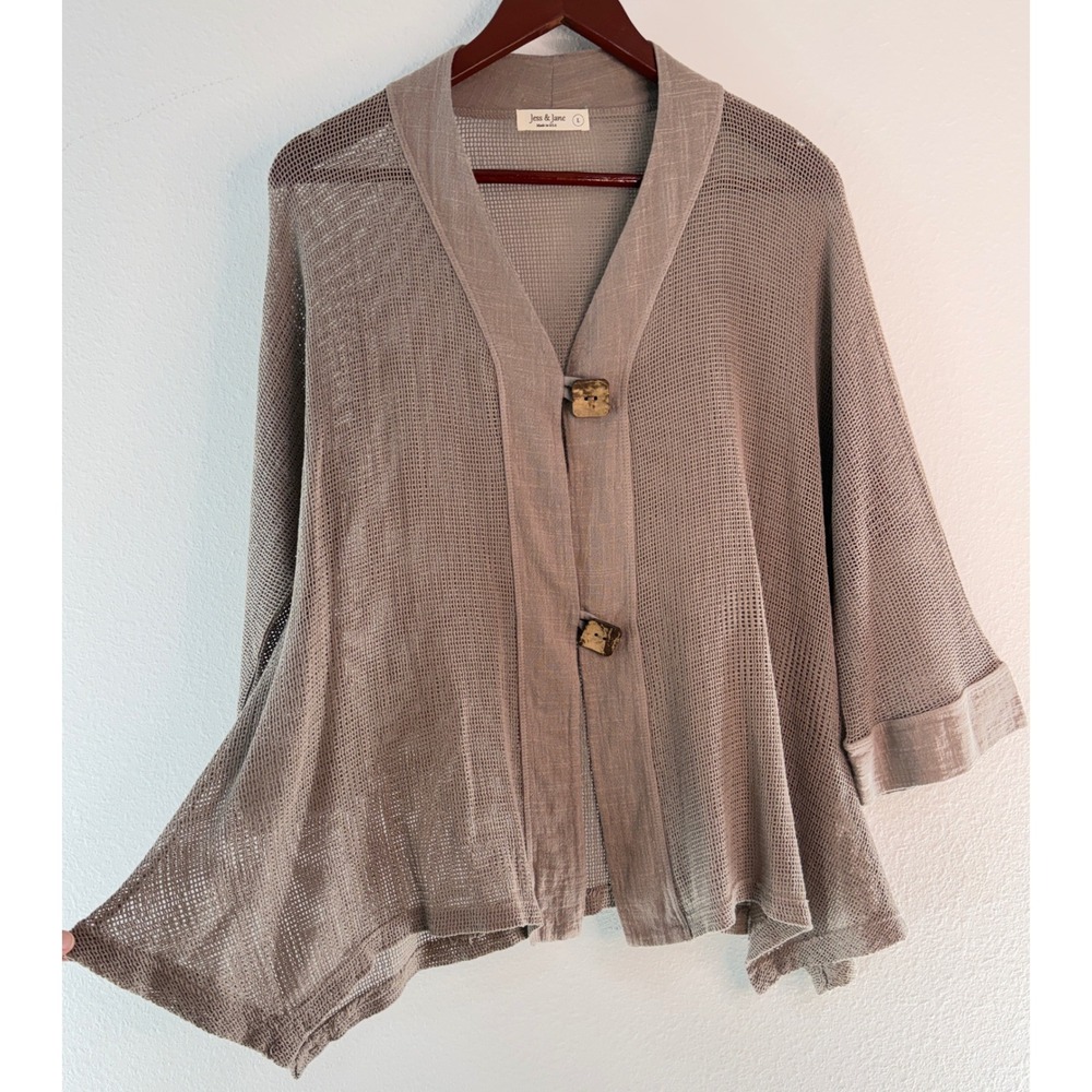 Jess & Jane Tan Open Knit Oversized Gauzy Mesh Cardigan Boho Lagenlook Layering